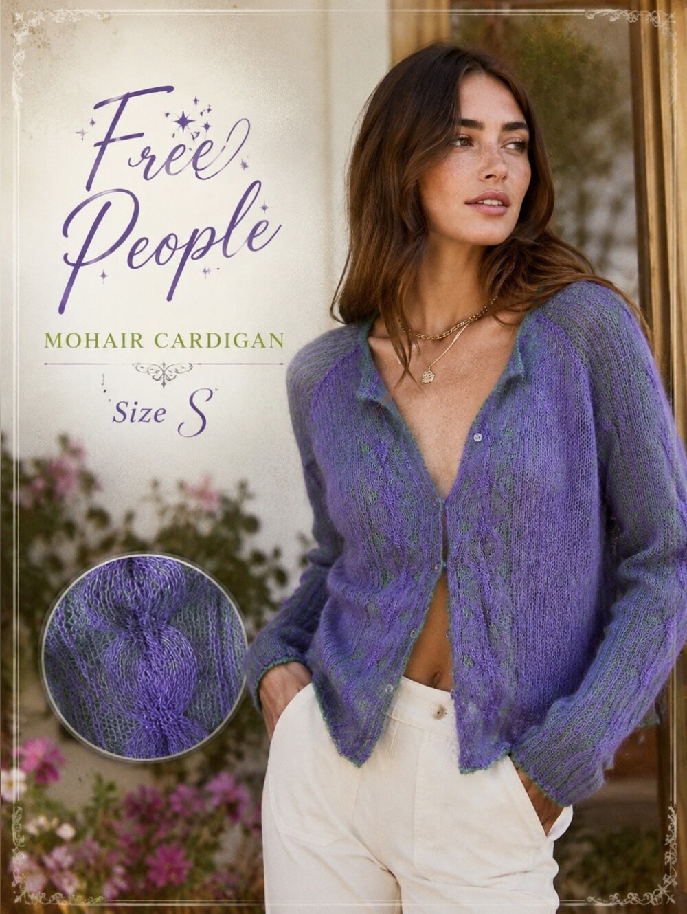 Free People Vintage Mohair Cardigan Purple Lime Green Open Knit Sweater S